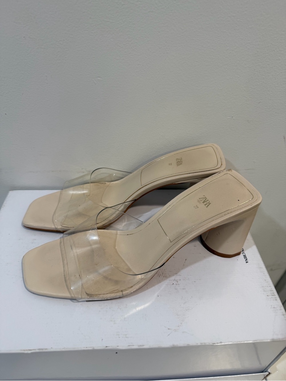 Zara Clear Strap Nude Block Heel Mules